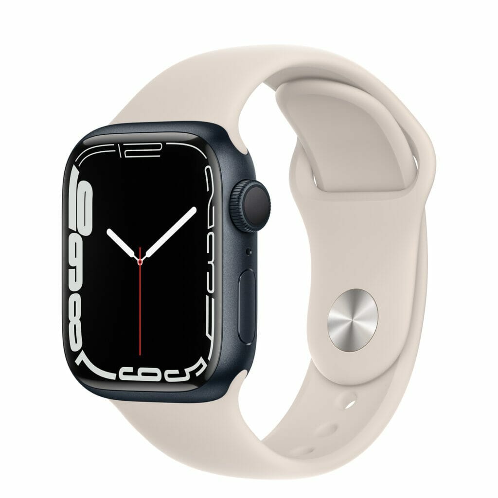 Apple Watch 7 midnight with beige sport band