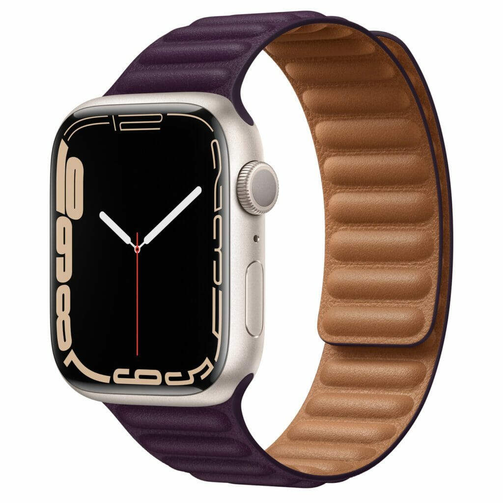 Apple Watch 7 Starlight with dark cherry leather link