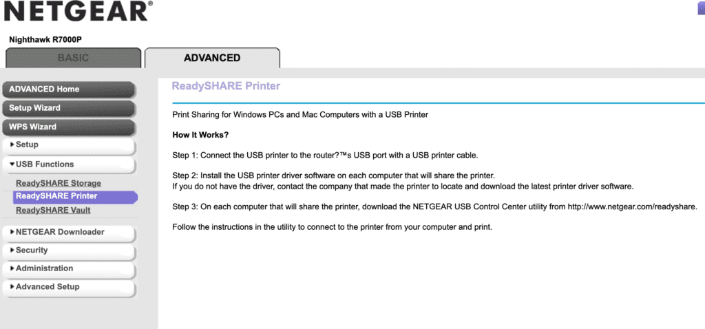 ReadySHARE printer settings for a Netgear Nighthawk router
