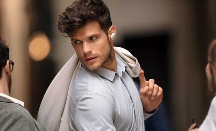 Reference shot to show that the Sony WF-1000XM3s look like in ear. Note that they are larger than the XM4s