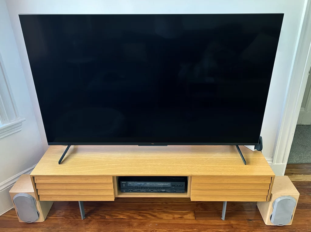 My speaker and receiver setup, with speakers on the floor and receiver inside the stand