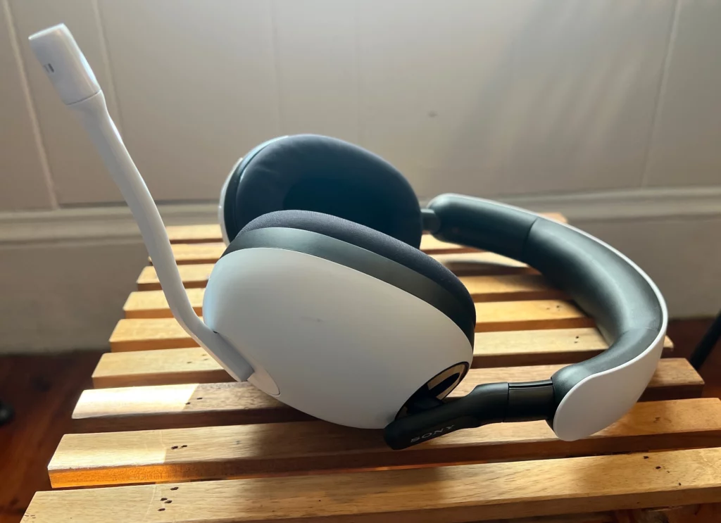 Inzone H7s with the mic up, as it would be when using the mic