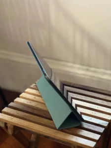 iPad 2018 with new case folded up so that it can stand up (side view)